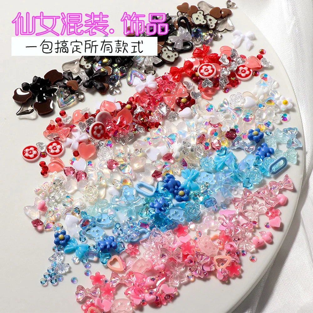 50PCS Mixed Kawaii Resin Nail Art Charms 3D Flower Bow Animals Rhinestones Nail Decorations DIY Manicure Professional Supplies