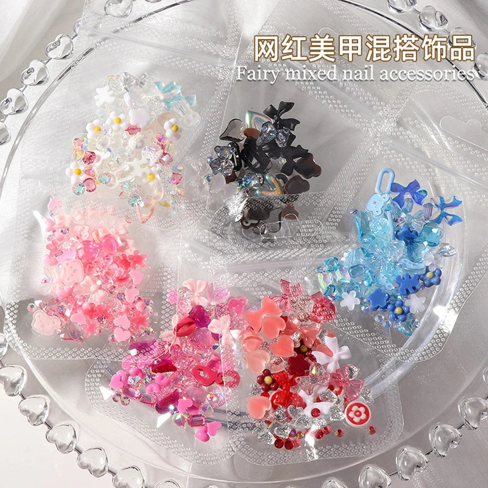 50PCS Mixed Kawaii Resin Nail Art Charms 3D Flower Bow Animals Rhinestones Nail Decorations DIY Manicure Professional Supplies