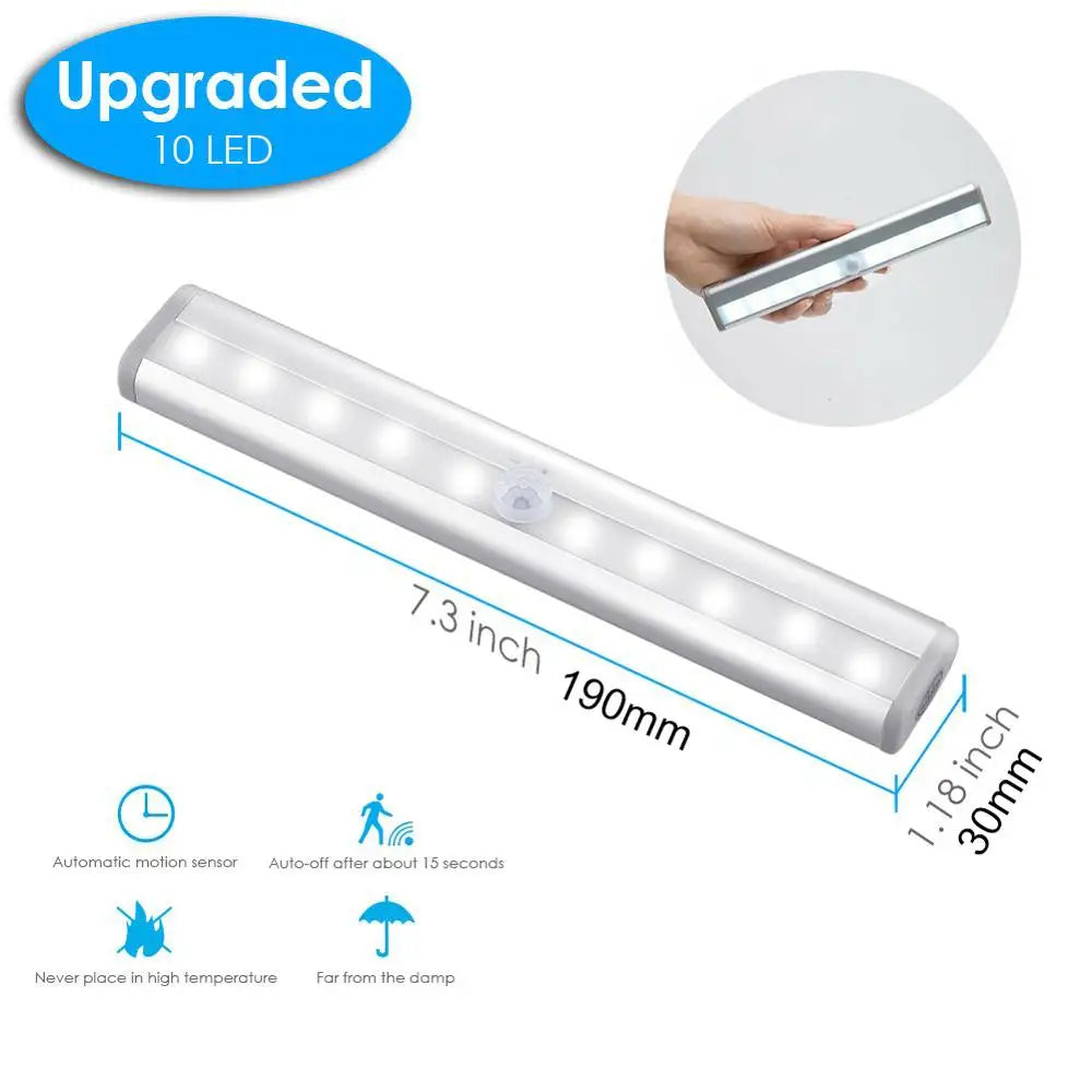 LED PIR Motion Sensor Closet Light 10LEDs Cold White Desk Drawer Wardrobe Lamp Under Cabinet Battery Powered Night Light