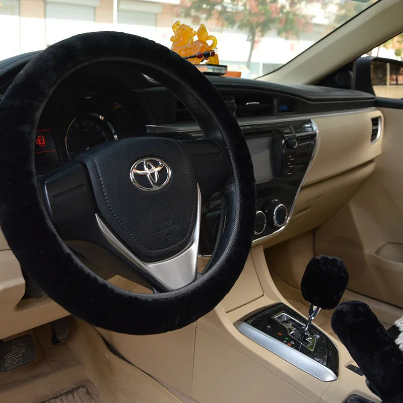 Universal Plush Steering Wheel Cover Set 3pcs Faux Fur Car Steering Wheel Hand Brake Gear Shift Covers for 36-40cm Warm Winter