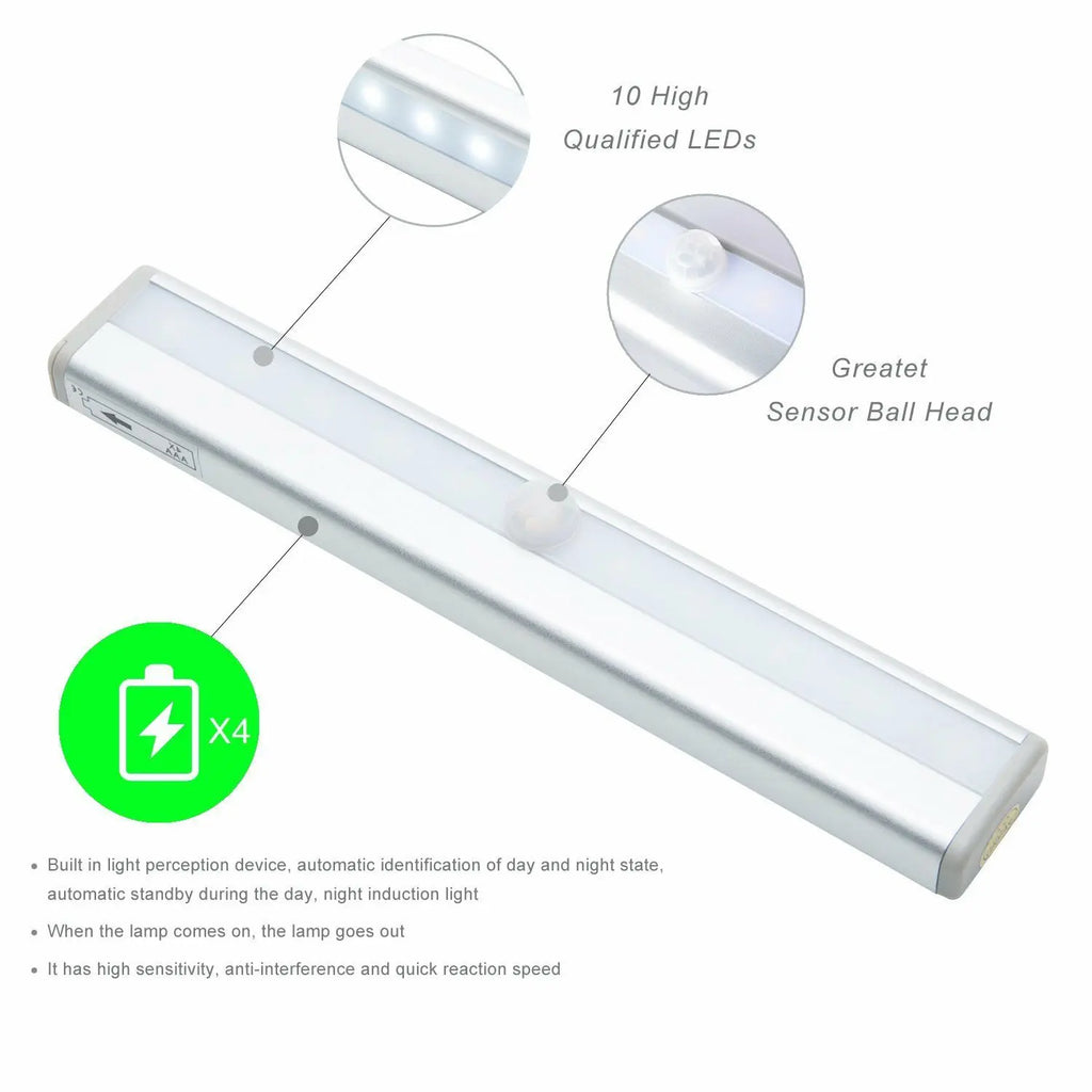 LED PIR Motion Sensor Closet Light 10LEDs Cold White Desk Drawer Wardrobe Lamp Under Cabinet Battery Powered Night Light