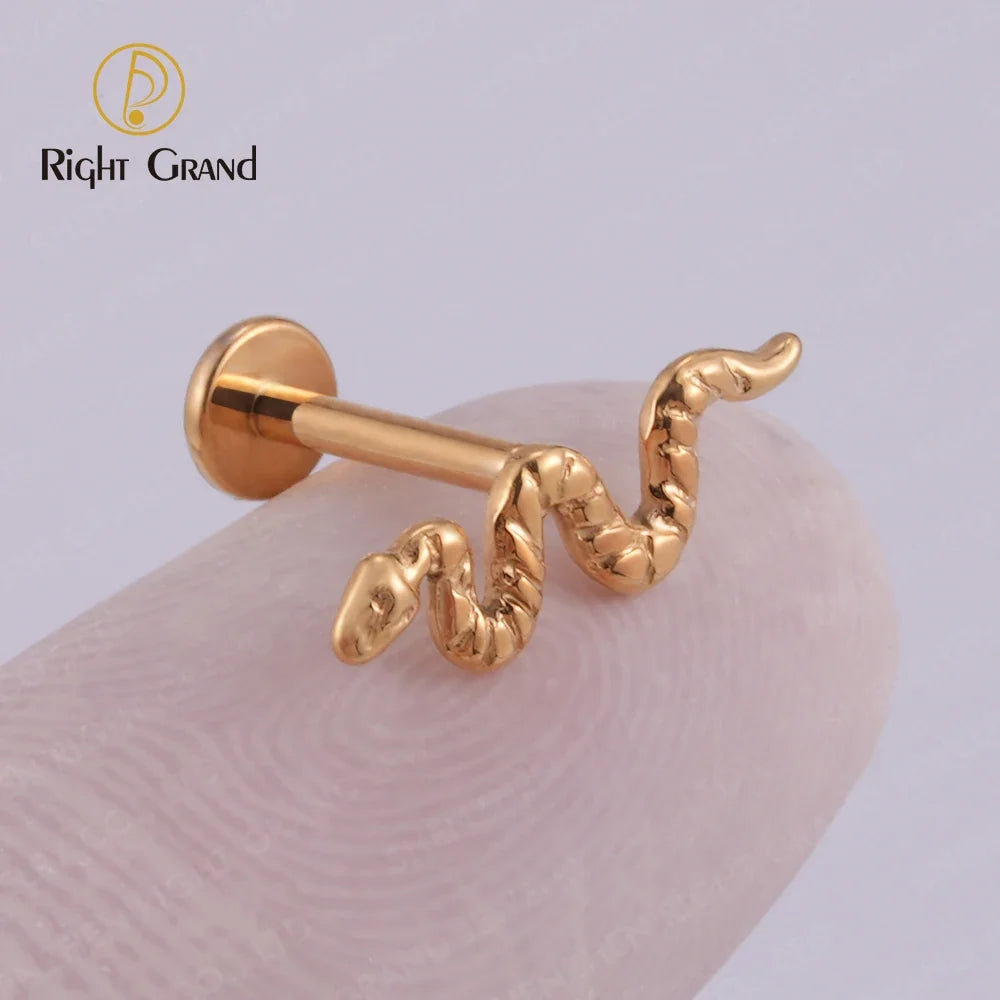 Right Grand ASTM F136 Titanium Implant Grade 16G Internal Thread Snake Labret Tragus Lip Rings Studs Helix Earring Piercings