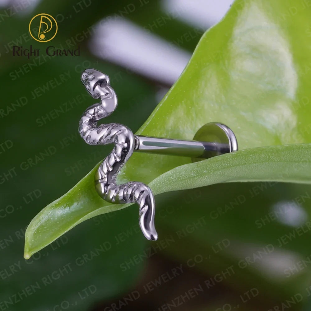 Right Grand ASTM F136 Titanium Implant Grade 16G Internal Thread Snake Labret Tragus Lip Rings Studs Helix Earring Piercings