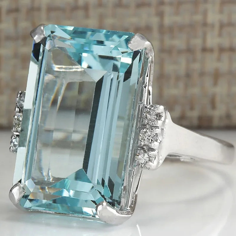 HUITAN Hyperbole Women Ring Cocktail Party Ring With Huge Sky Blue Cubic Zircon Prong Setting Valentine's Gift For Wife