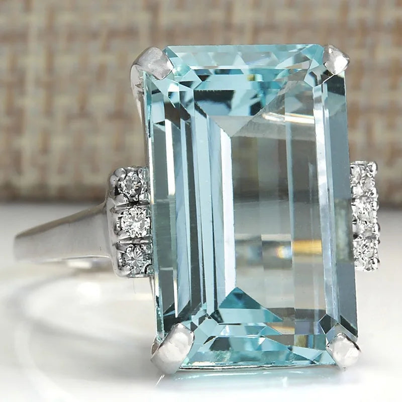 HUITAN Hyperbole Women Ring Cocktail Party Ring With Huge Sky Blue Cubic Zircon Prong Setting Valentine's Gift For Wife