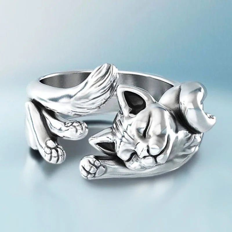 Huitan Cute Fortune Cat Shape Women Opening Rings Silver Color Dance Party Finger Ring Delicate Lady Gift New Fashion Jewelry