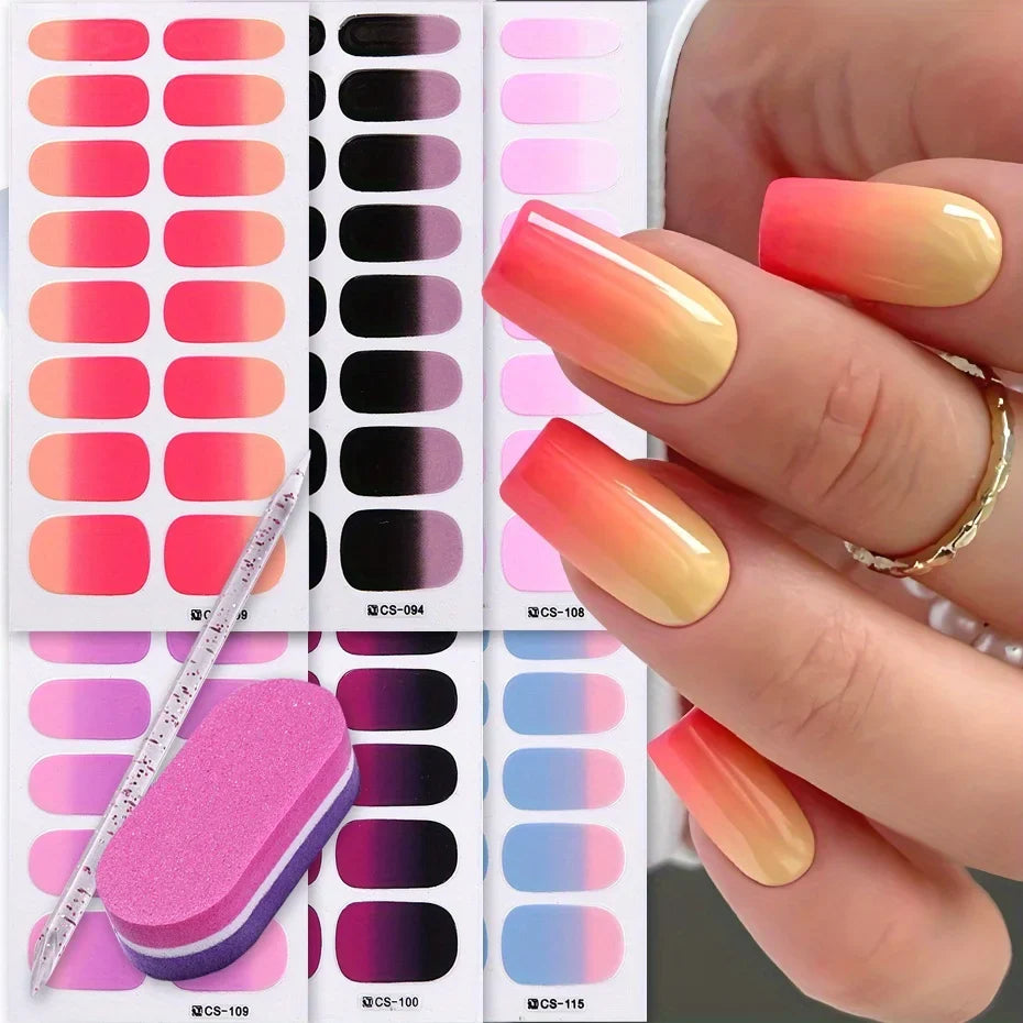 6pcs Ombre Color Gel Nail Polish Sticker Pink Blue Gradient Design Simple Adhesive Decal Full Cover Manicure With File Stick Set
