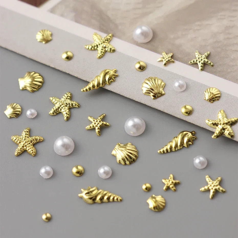 3D Golden Starfish Seashell Nail Art Charms Conch Metal Studs Pearls Caviar Beads Summer Manicure Studs Nail Art Decorations