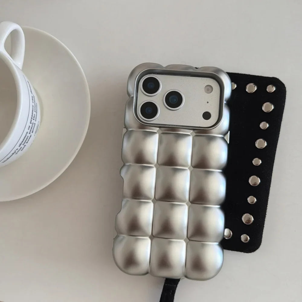 Cartoon Lattice 3D Block Plating Case for iPhone 17 16 15 Pro Max 14 12 13 11 Glossy Candy Solid Color Shockproof Soft TPU Cover