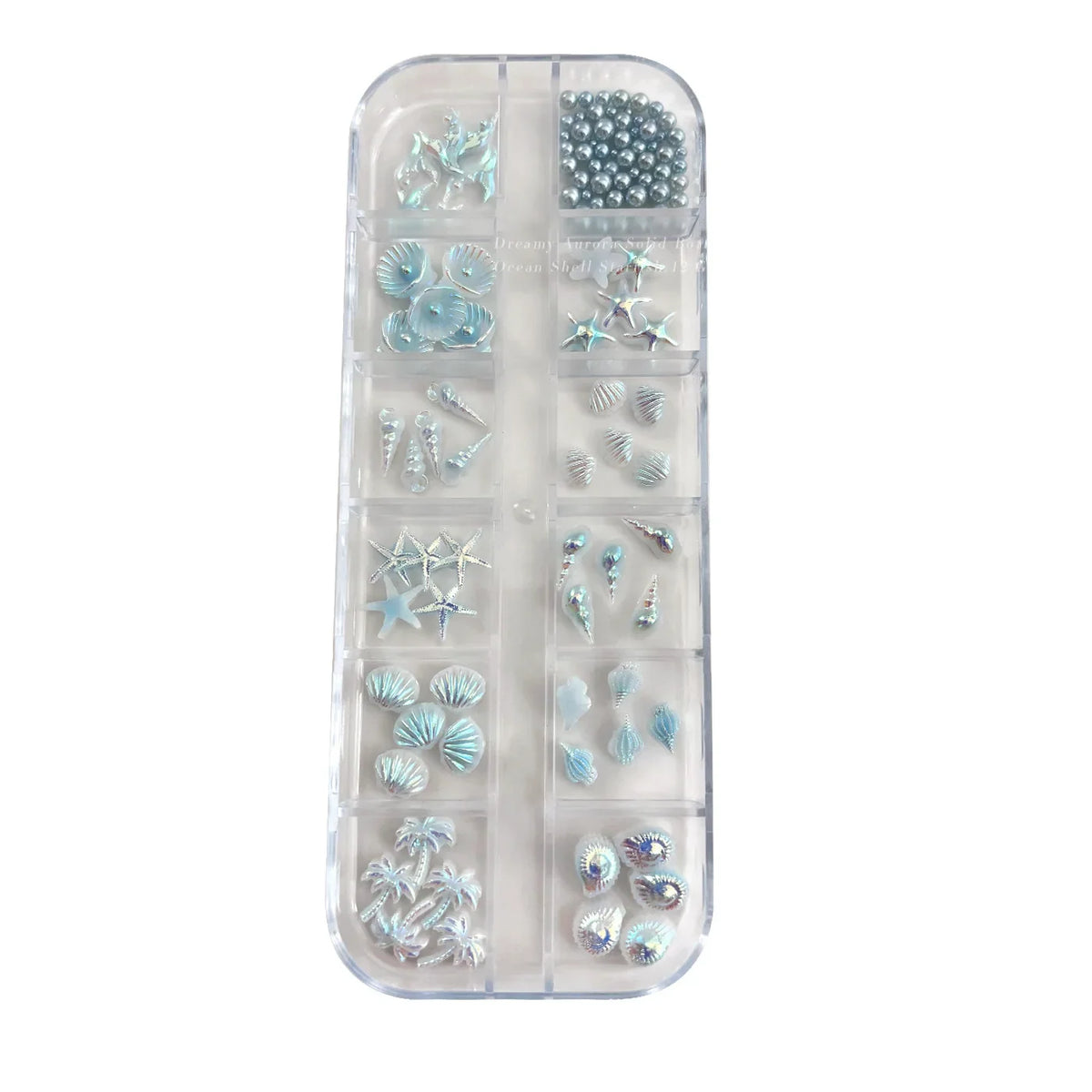 12 Grids Aurora AB White Blue Starfish Shell Conch Coconut Tree Pearl Nail Rhinestones Decorations Manicure Ocean Life Charms