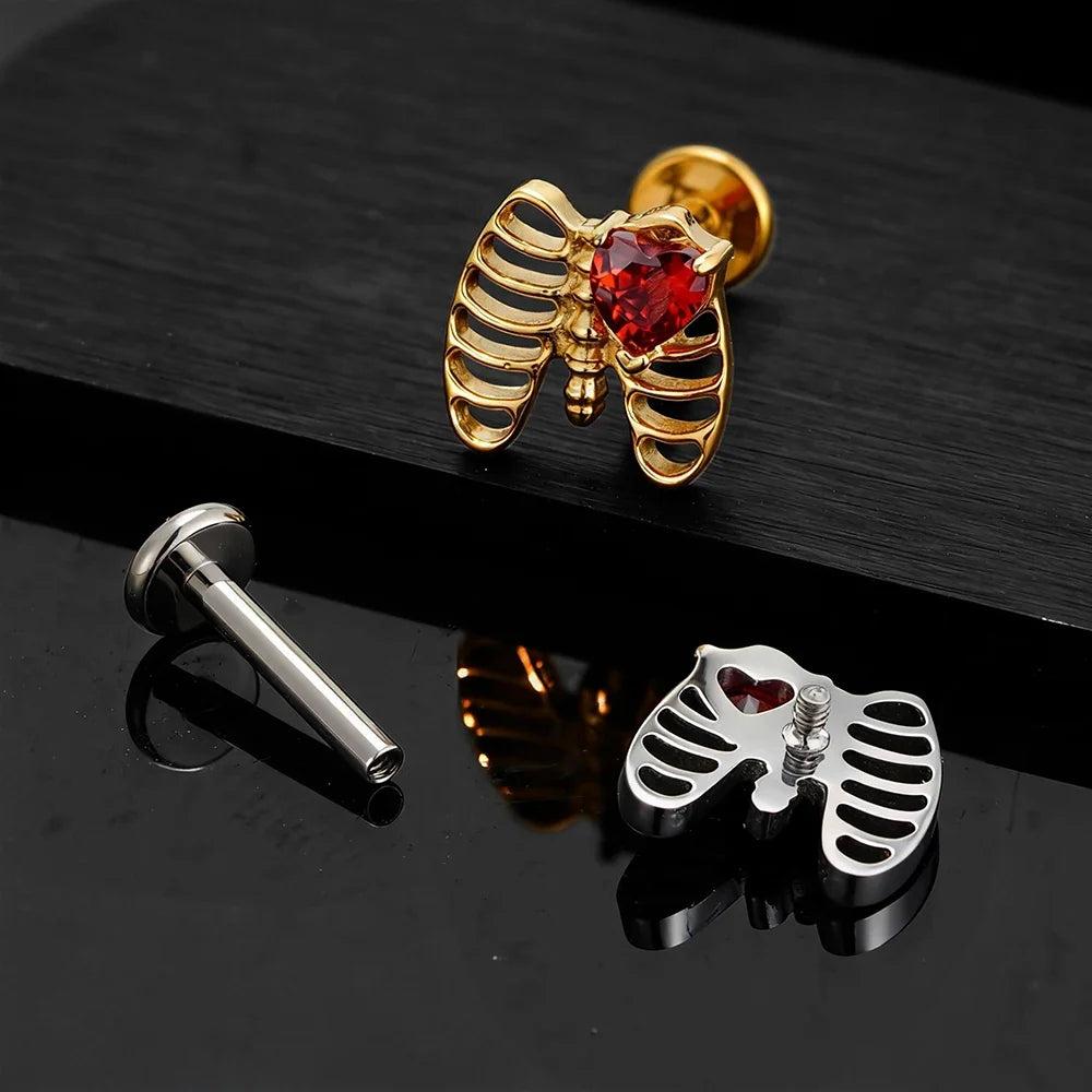 Right Grand ASTM F136 Titanium Heart CZ Rib Cage Cartilage Earring 16G Gothic Skeleton Helix Labret Stud Nose Piercing Jewelry