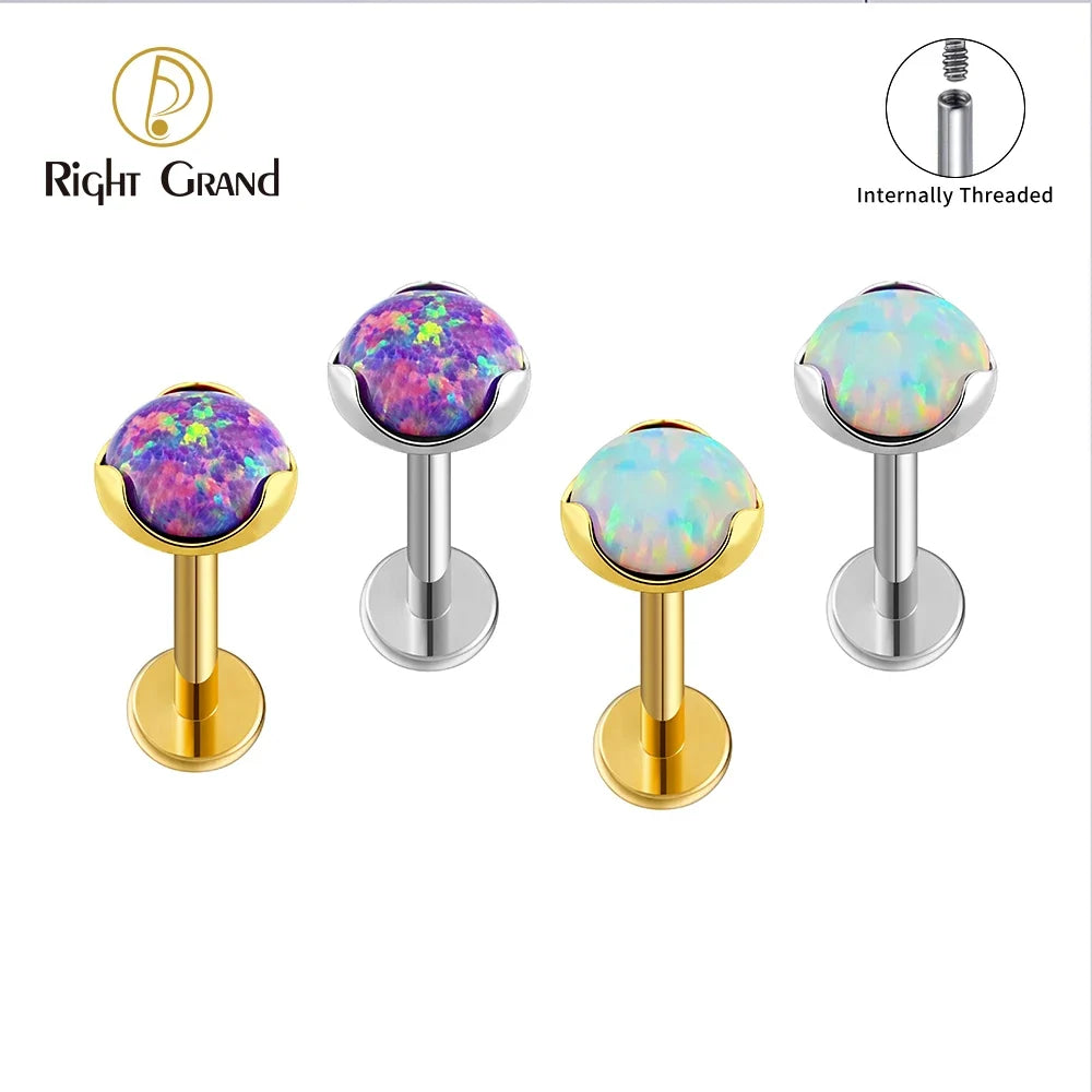 Right Grand ASTM F136 Titanium 3/4/5mm Opal Flat Back Earring 16G Dainty Tragus Nose Cartilage Medusa Stud Lip Piercing Jewelry
