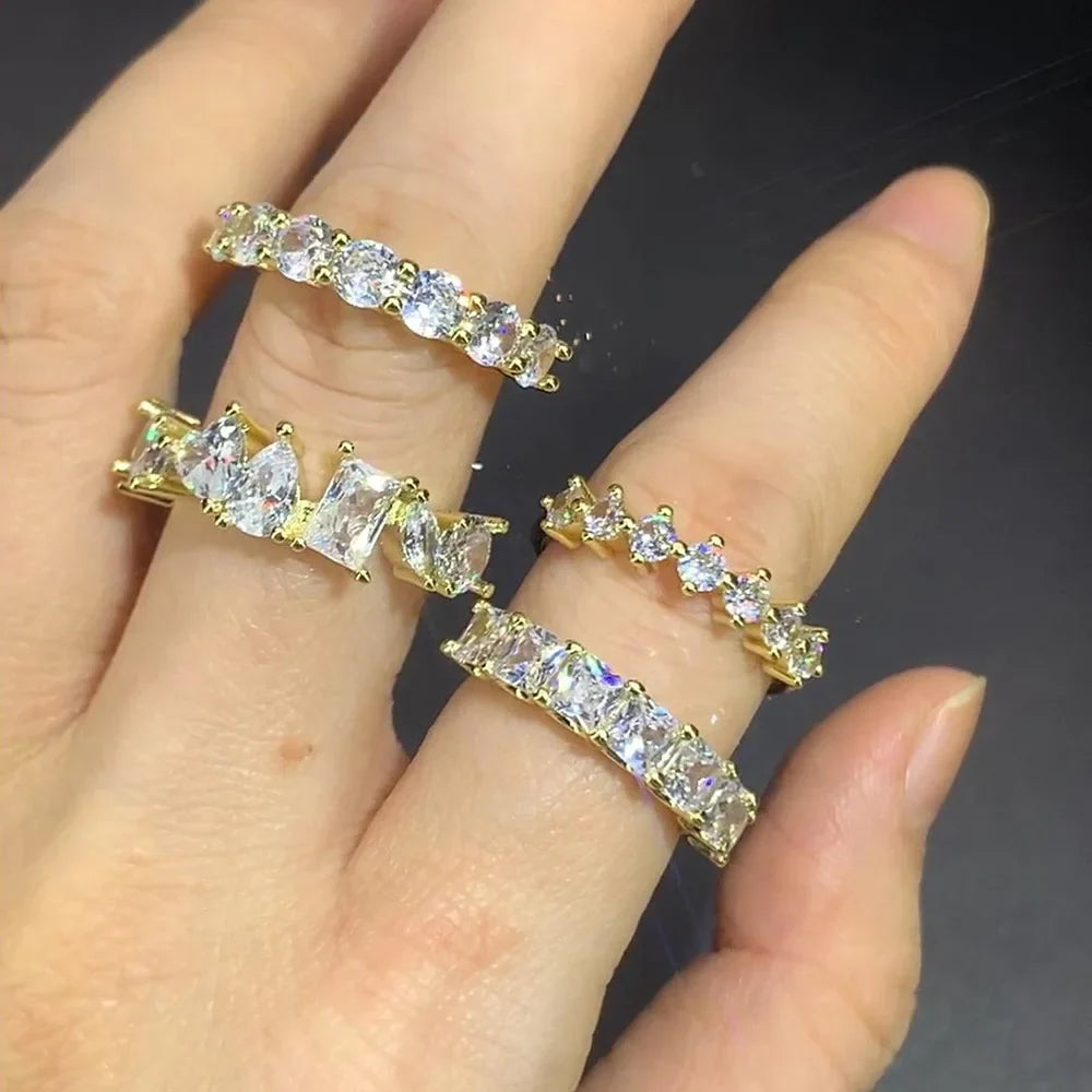 Simple Women's Ring Gold Color Geometry Cubic Zirconia Minimalist Stacking Rings Finger Accessories Female Jewelry Gifts R018