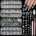 4 Box Nail Rhinestones Set, Silver Color Nail Jewelry, 3D Cross Heart Flat Backs, DIY Nail Art Accessories, Resin & Metal Charms