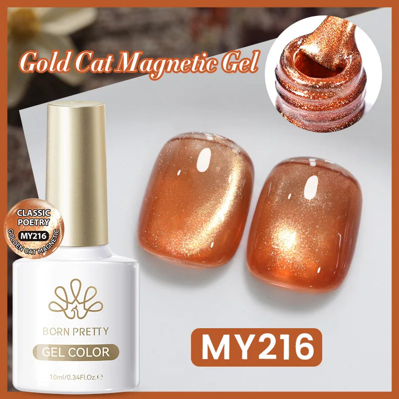 BORN PRETTY 10ml Gold Color Cat Magnetic Gel Sparkling Ultra Shine Soak Off Manicure UV Gel Nail Art Varnish Summer Gel Nails