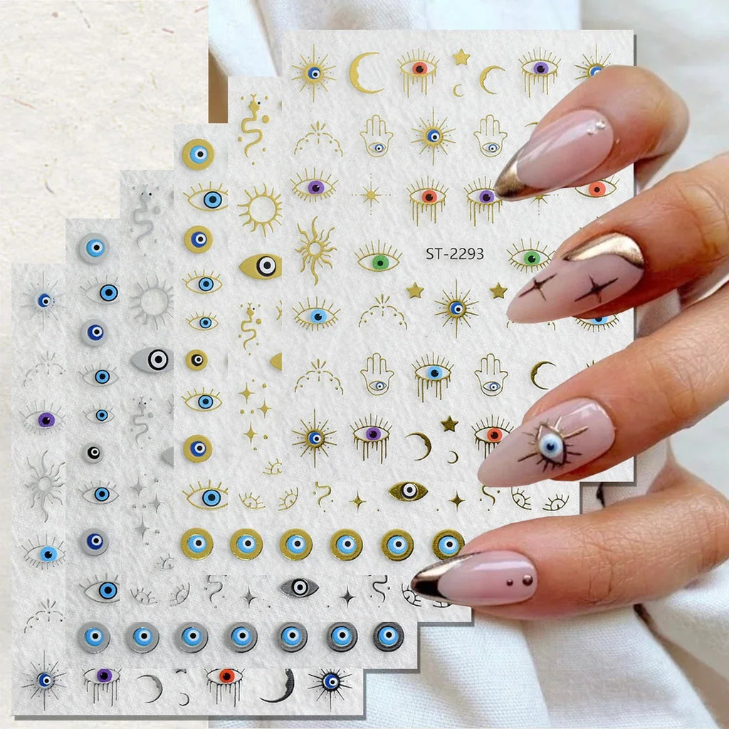 3/6/12 Sheets Gold Silver Evil Eye Nail Art Stickers Moon Star Sun Protection Nail Decals for Women DIY Boho Nail Design