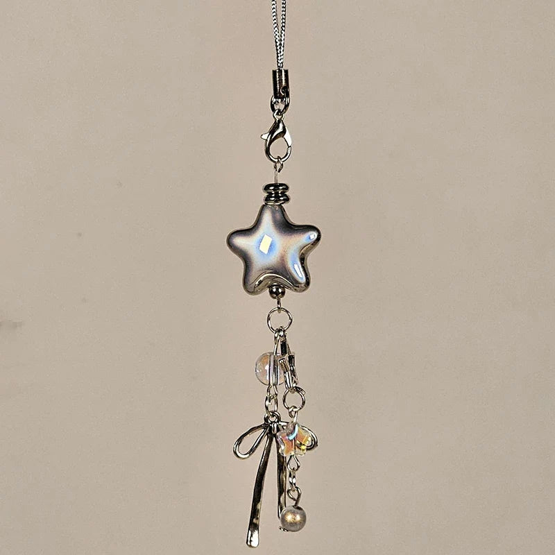 1pcs Cellphone Lanyard Keychain For Phone Style Metal Silver Star Bow Pendant Phone Charm Strap Sweet Cool Girl Pendant
