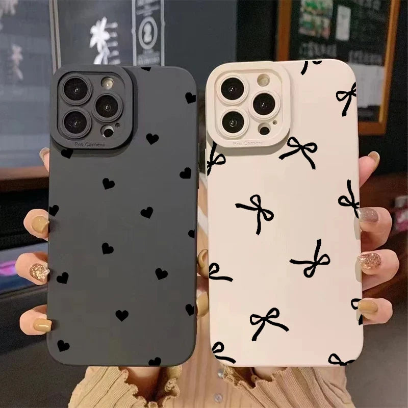 Black Bowknot Love Heart Silicone Soft Phone Case For iPhone 11 12 13 14 15 16 17 Pro Max 16 Plus 16E X XR XS Max 17 Air Cover