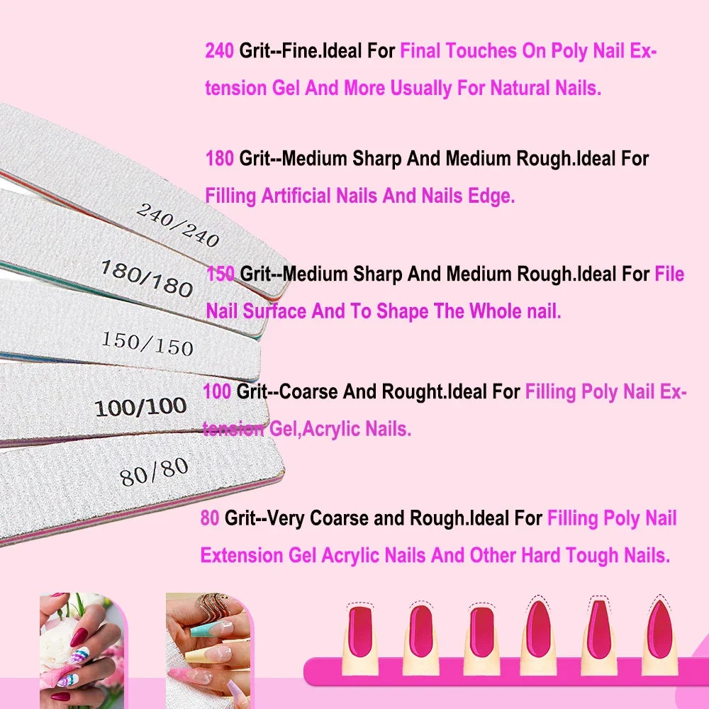 10Pcs/Lot Professional Nail Polish File Set 80 100 150 180 240 Grit Nail File Moon Style Manicure Limes Nails Files Buffer Tools