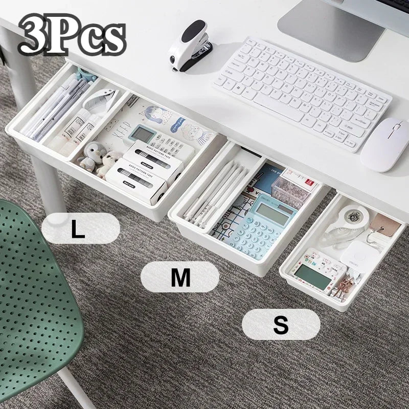 Adhesive Under Desk Drawer Organizer Hidden Table Storage Box Slide Out Tray Simple Sundries Cosmetics Stationery Organizer