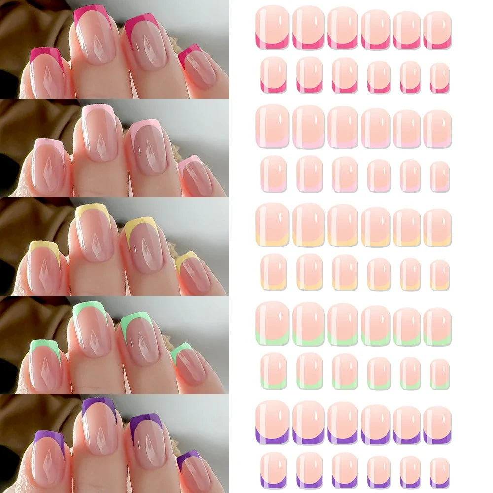288pcs Red Blue Cat Eye Medium Coffin Press On Nails Colorful French Short Round Square False Nails Glossy Glitter Fake Nail Tip
