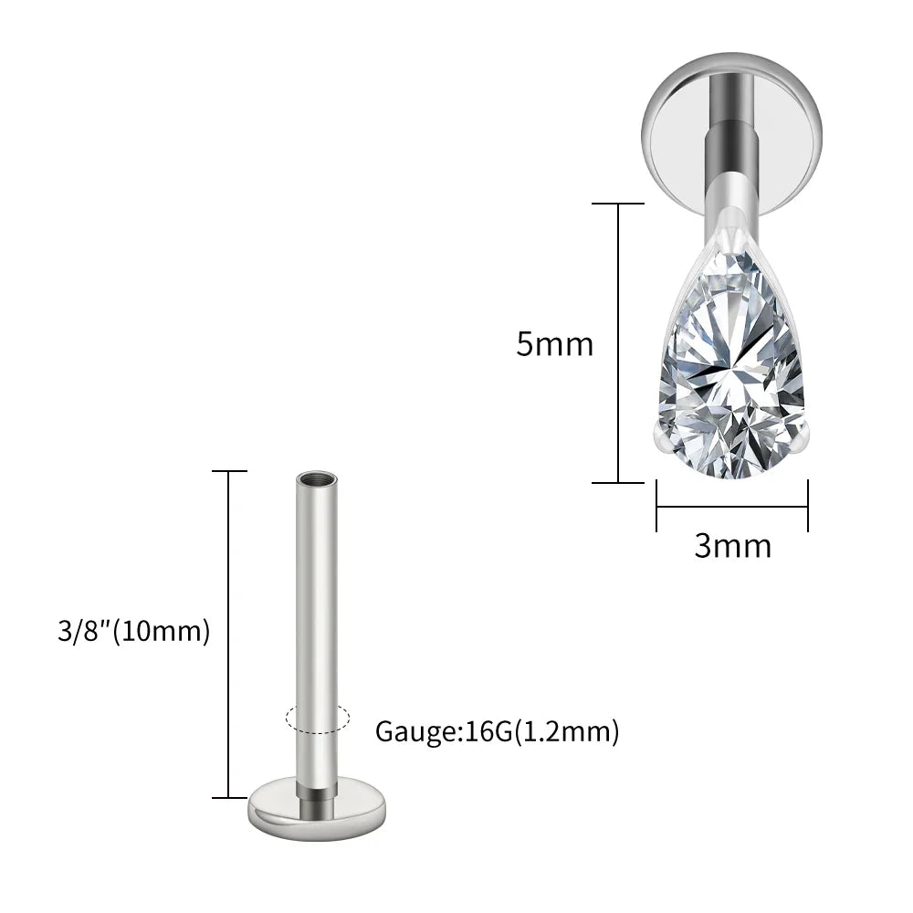 Right Grand ASTM F136 Titanium Teardrop CZ Cartilage Earring 16G Dainty Pear Forward Helix Stud Flatback Labret Piercing Jewelry