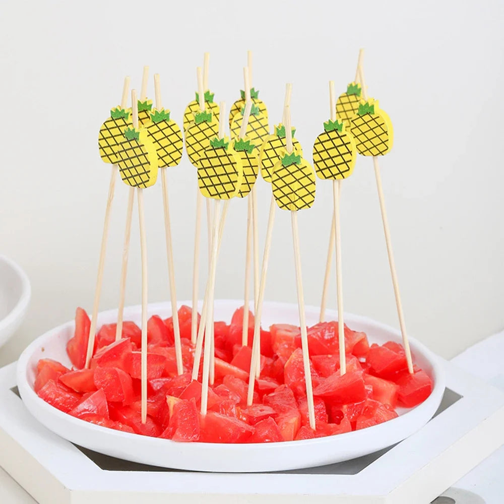 100/50Pcs Hawaii Party Cocktail Sticks Bamboo Skewers for Salad Dessert Disposable Forks Buffet Fruit Birthday Party Wedding