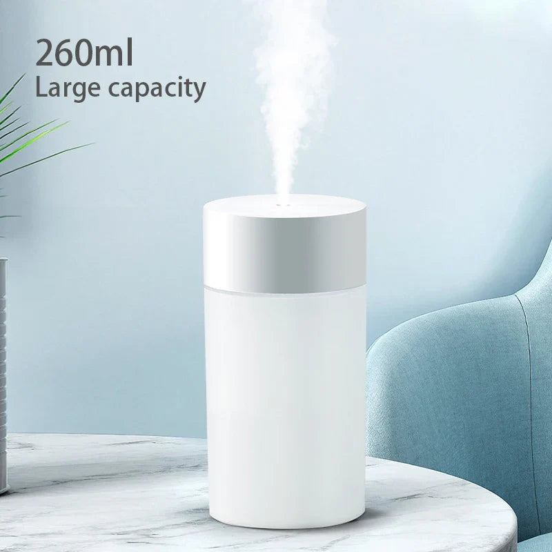 260ML USB Ultrasonic Humidifier, Mini Essential Oil Aroma Diffuser, Anion Mist Maker with Romantic LED Light, Portable Car Air P