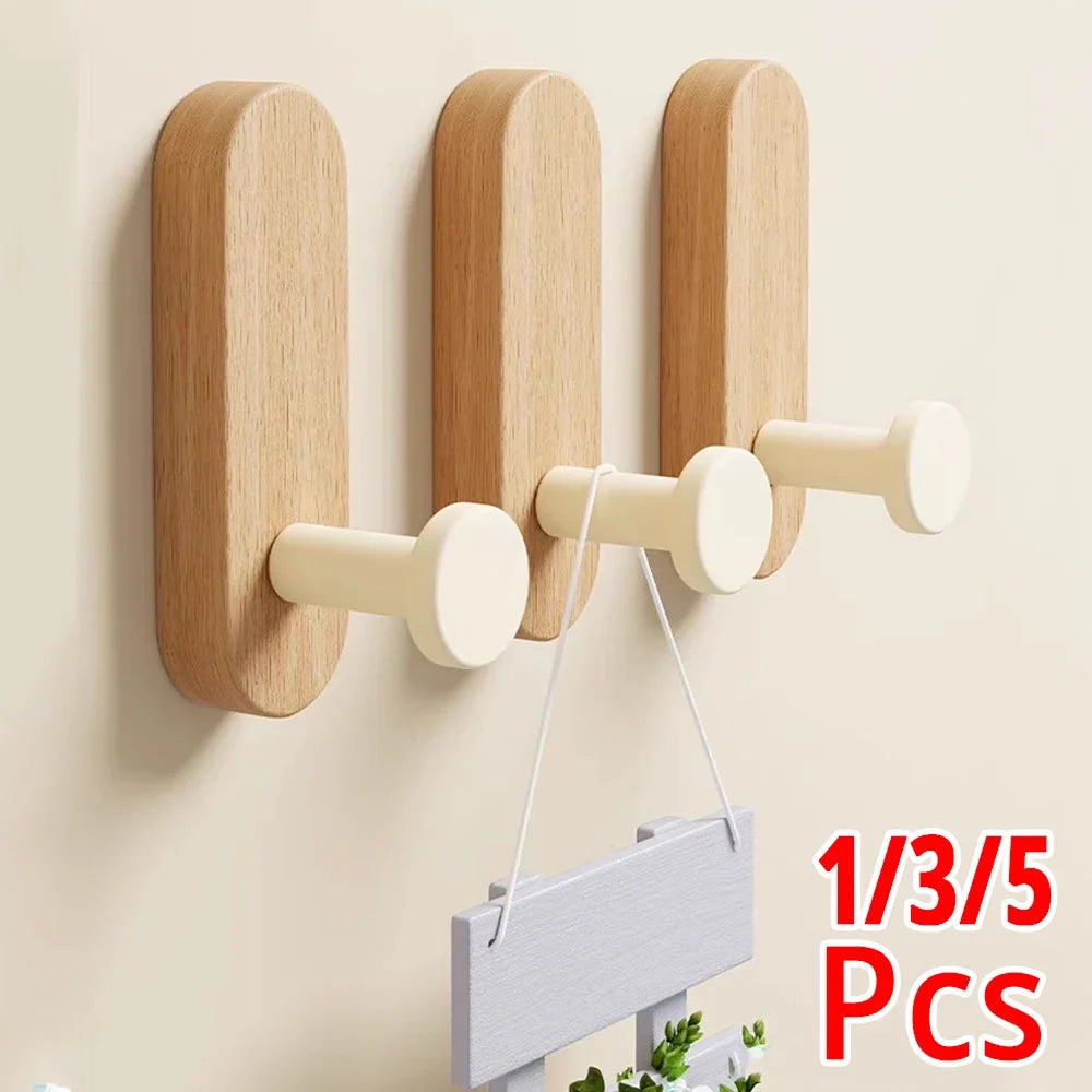 Self Adhesive Wall Hooks Nordic Wooden Hooks for Hanging Coat Clothes Bathroom Kitchen Towel Storage Hanger Entryway Key Holder