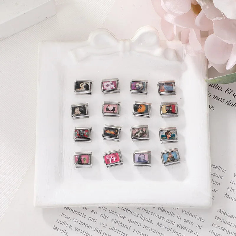 Wholesale Fashion Personalized DIY Colored Italian Charm Bracelet Red Rose Flower Cats Bead 9mm Bracelet Stainless Steel Jewelry