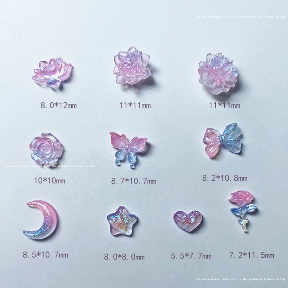 50pcs Mix Luminous Rose Flower Nail Art Charms Moon Star Heart Aurora Butterfly Nail Decorations Charms Y2K DIY Manicure Parts