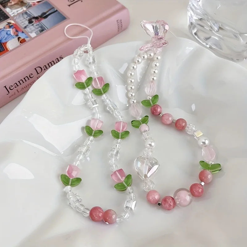 1pcs Peach Beaded Mobile Phone Charm Strap Hyu, Women Sweet Girls Jewelry, Pearl Cellphone Flower Lanyard for iPhone Keychain