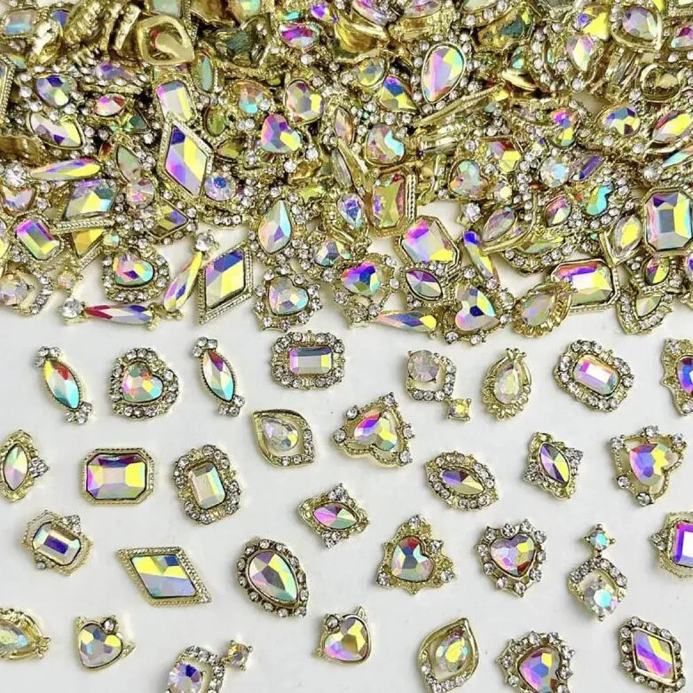 50Pcs 3D Mixed Luxury AB Alloy Nail Art Charms with Heart/Drop/Square/Rhombic Gem Nails Decoration DIY Crafts Manicure Accessory
