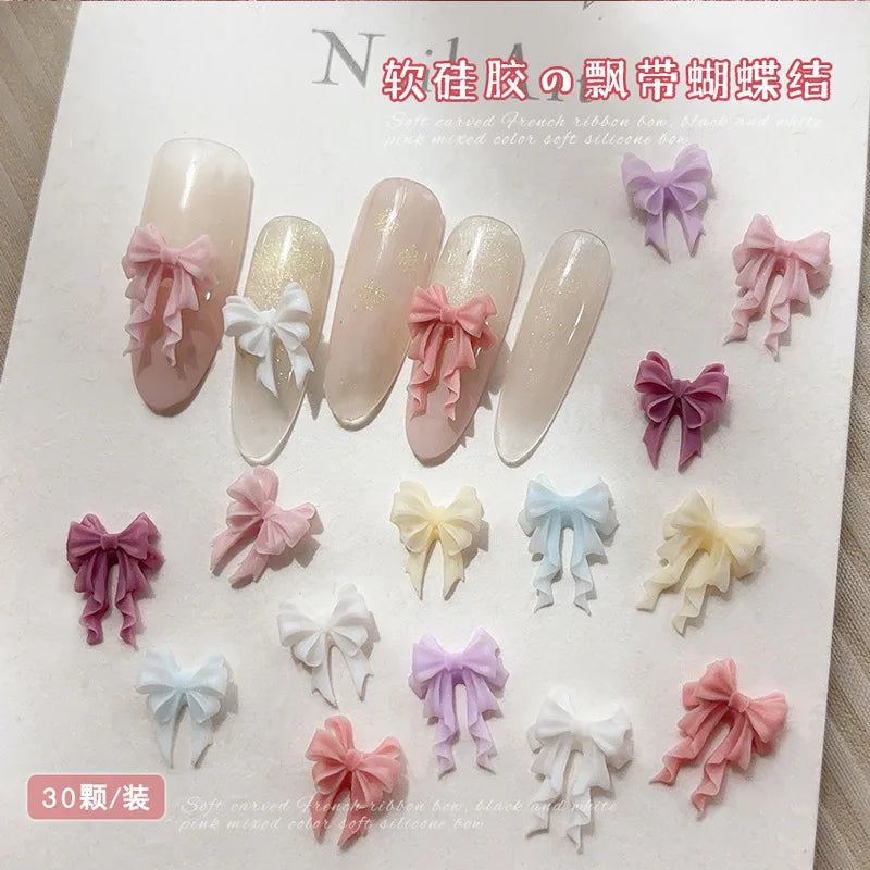 30Pcs Soft Acrylic Ribbon Bow Tie Nail Art Charms Accessories For Manicure Decor Sweet Girl Nails Decoration Supplies Material