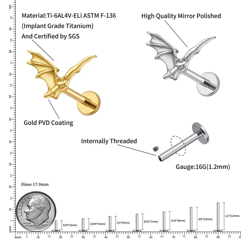 Right Grand ASTM F136 Titanium 16G Flying Bat Cartilage Earring Internally Threaded Helix Earring Flatback Tragus Piercing Stud