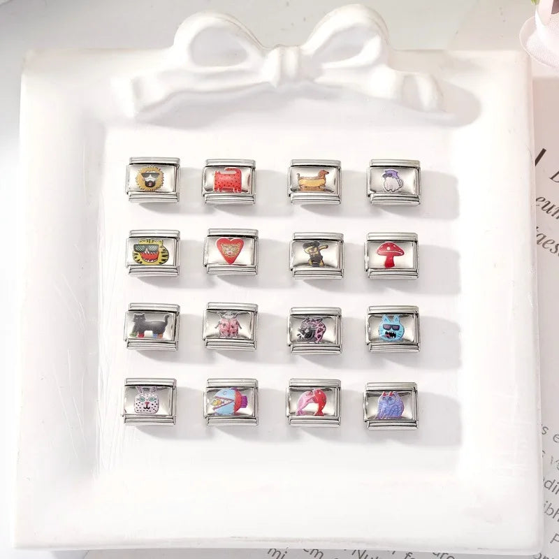 Fashion Pink Heart Tigers Colorful Cats Rabbit Mushroom Italian Charm Fit 9mm Stainless Steel Women Fashion Bracelet DIY Jewelry