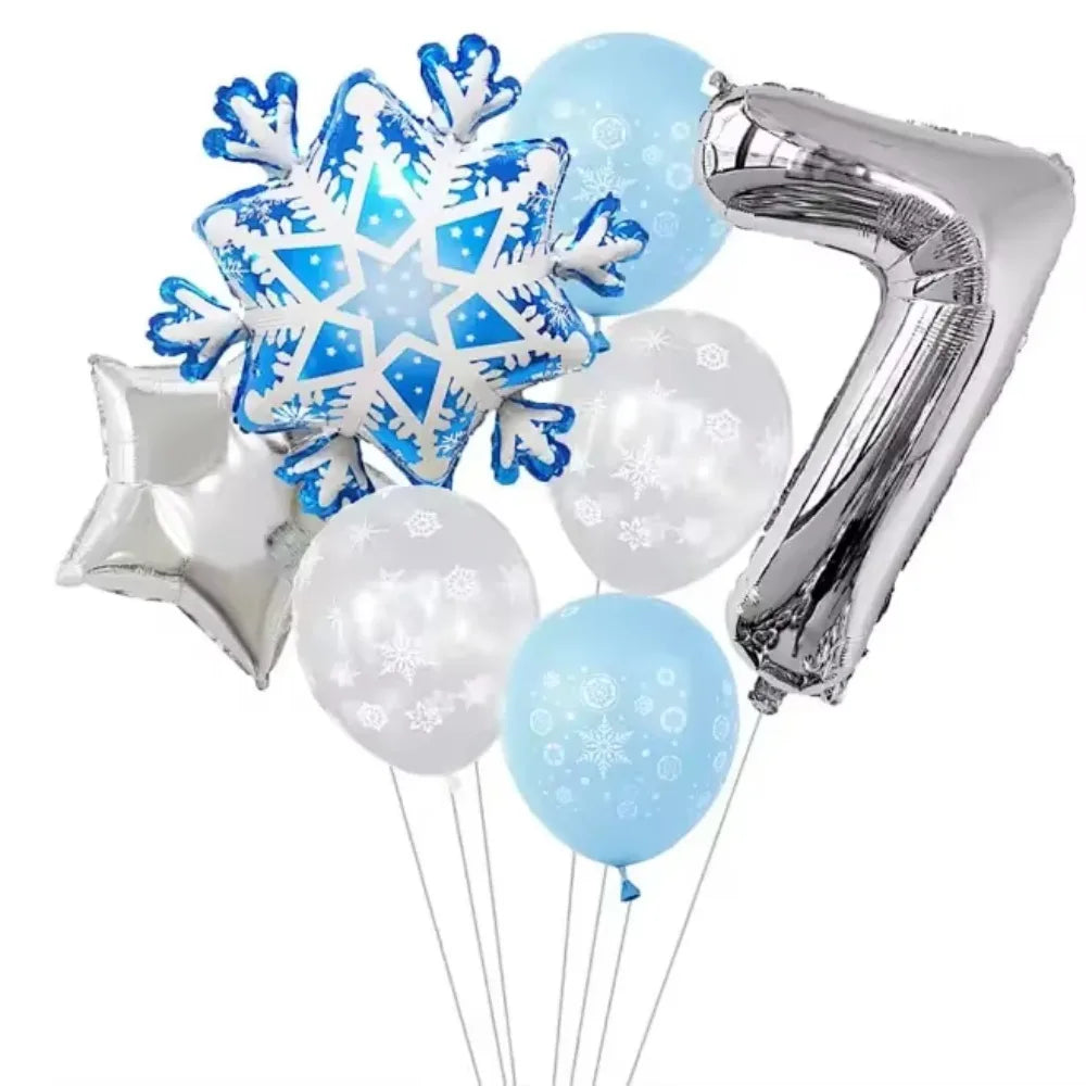 7Pcs Number Snowflake Balloon Set Winter Snow Themed Foil Balloons Birthday Party Decorations