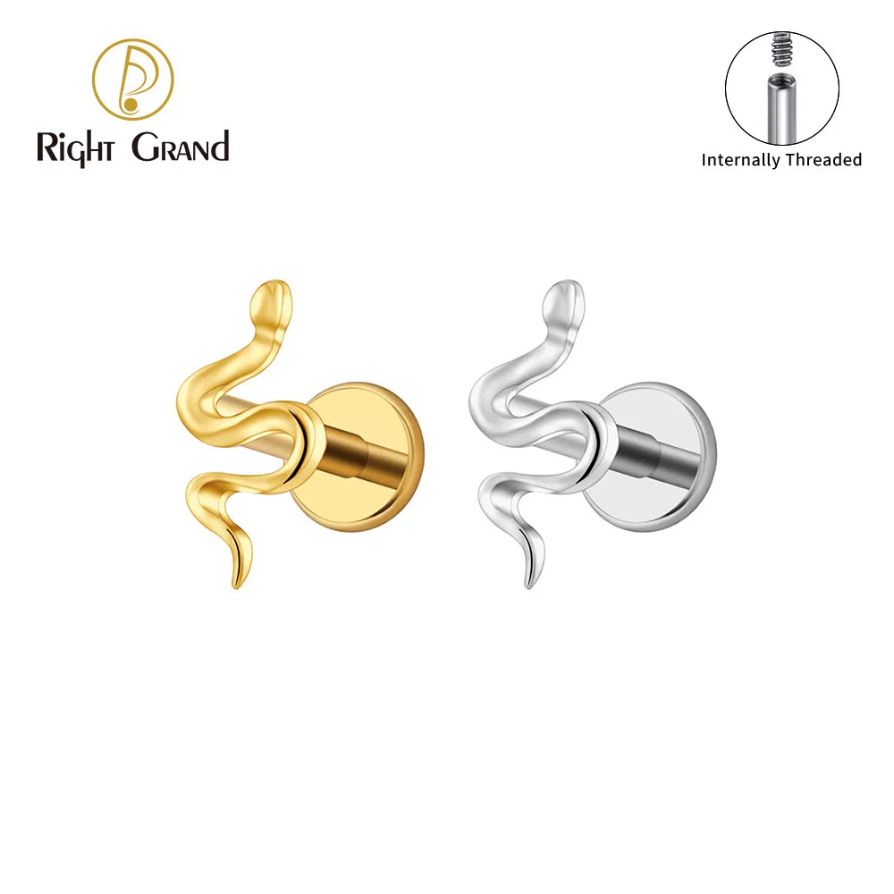 Right Grand ASTM F136 Titanium Mini Snake Cartilage Earring 16G Tiny Serpent Flat Back Labret Helix Tragus Stud Piercing Jewelry