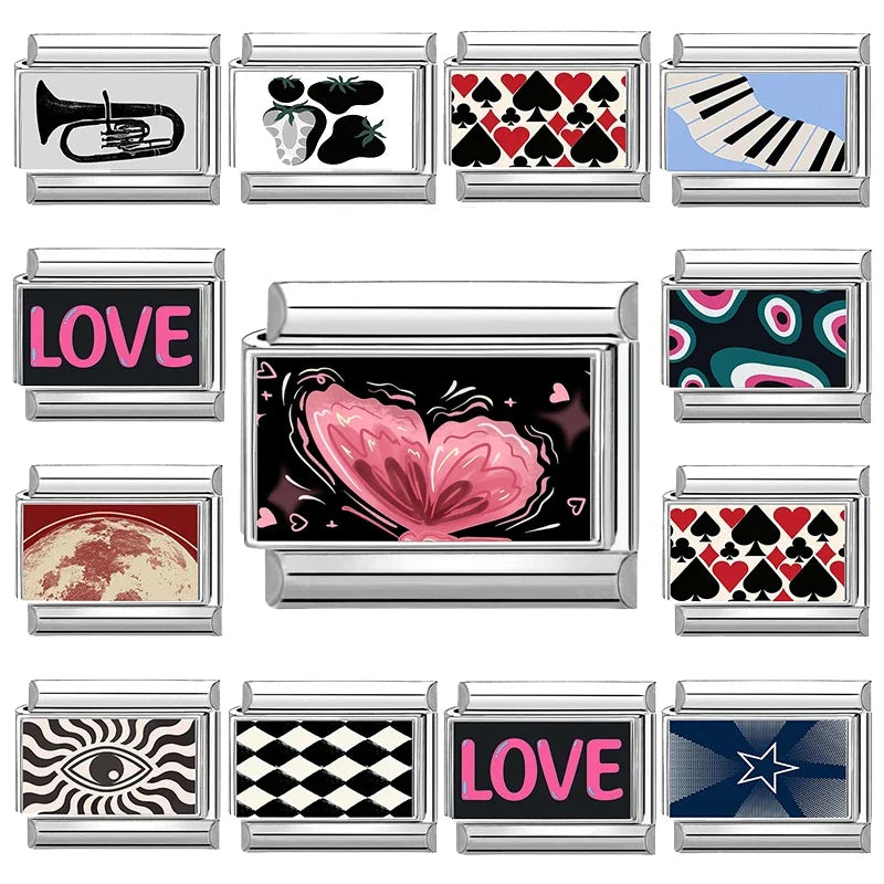 New Pink Black Butterfly Love Hearts Stars Italian Links Charm Fit 9mm Jewelry Stainless Steel Making DIY Fashion Bracelets Bead