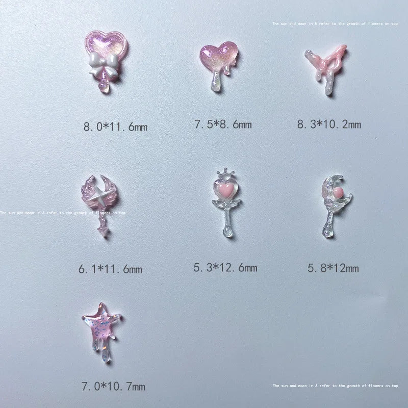 50pcs Beauty Girl Magic Stick Nail Charms Accessories 3D Resin Nail Parts Pink Glow Love Bow Knot Scepter Nail Art Deco Supplies