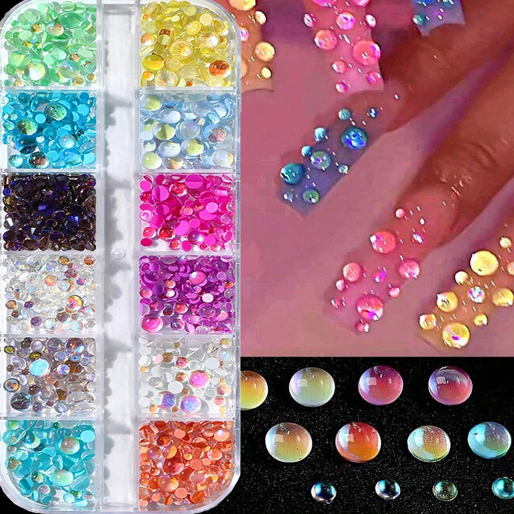 12 Grids Sparkling Aurora Flatback Mermaid Beads Nail Art Charms 3D Crystal Candy Bubble Beads DIY Kid Manicure Decoration Parts