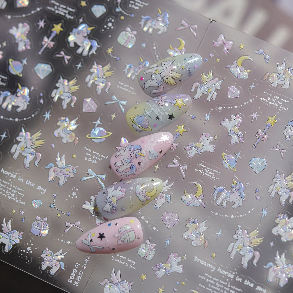 5D Fantasy Y2K Nail Decals Laser Holographic Unicorn Star Moon Gem Diamond Gift Box Self-adhesive Nail Art Sticker Fantasy Girl