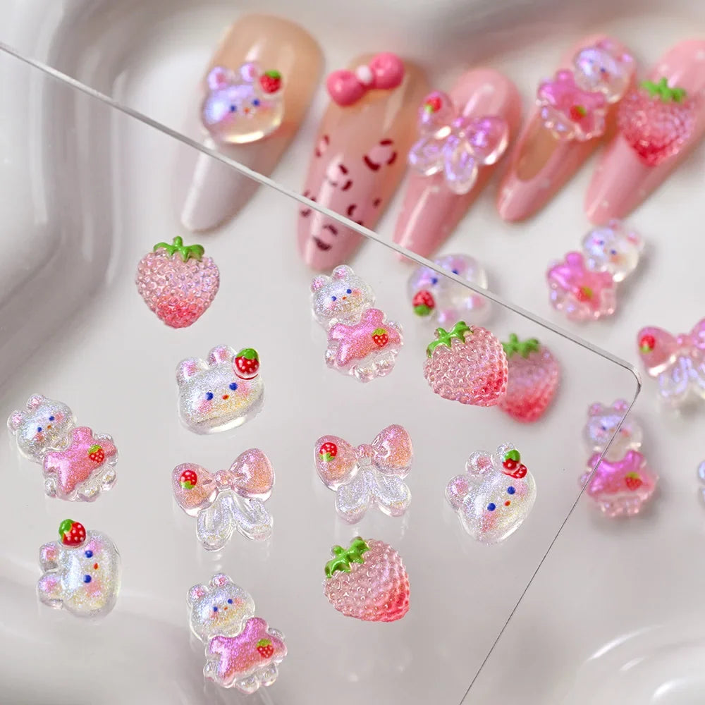 50pcs 3D Mixed Rabbit Strawberry Nail Parts Shinny Blush Bunny Bowknot Kawaii Nail Art Charms Lovely Girls Manicure Accessories