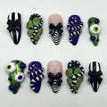 30pcs 3D Spooky Eyeballs Press On Nails Halloween Theme Horror Almond False Nails With Bows Black White Stripes Decor Fake Nail