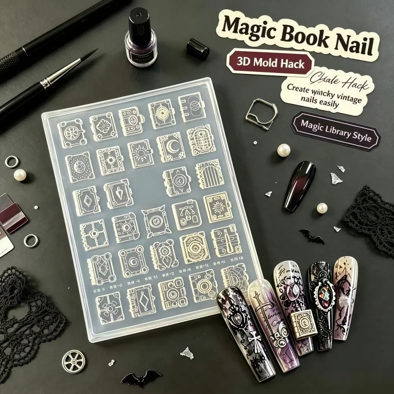 Magic Book House 3D Nail Silicone Mold, Gothic Vintage Spell Book DIY Nail Art Charms