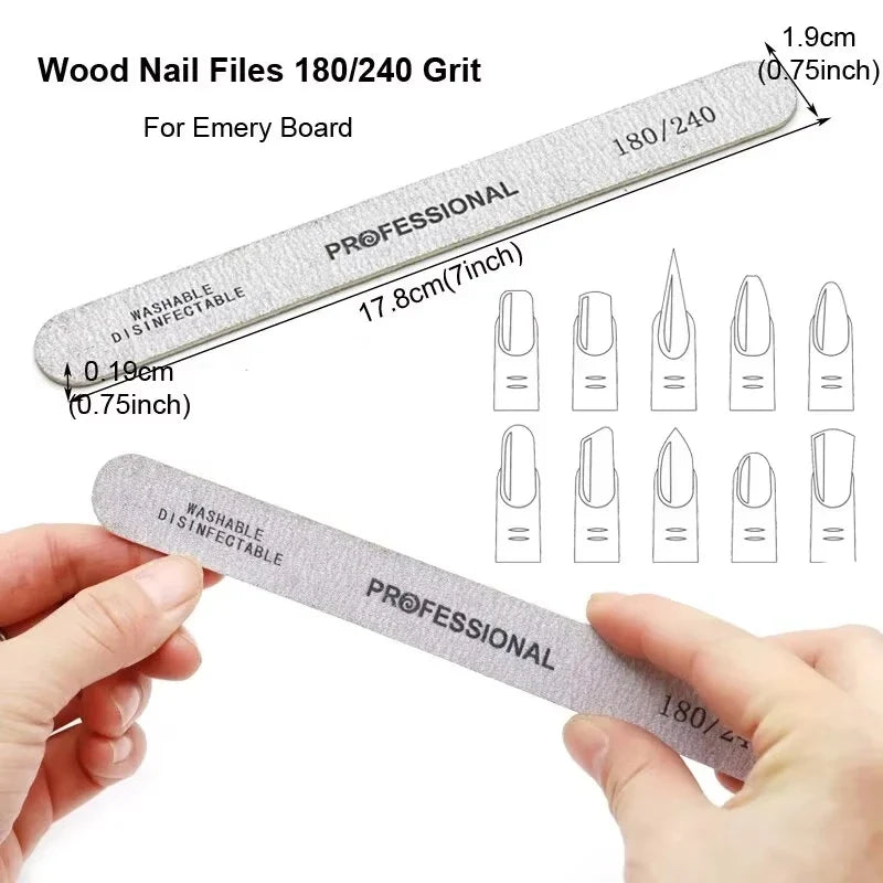 50Pcs Wooden Nail File Professional Sanding Buffer Files 100/180/240 Double Side For Salon Manicure Pedicure UV Gel Tips Tools