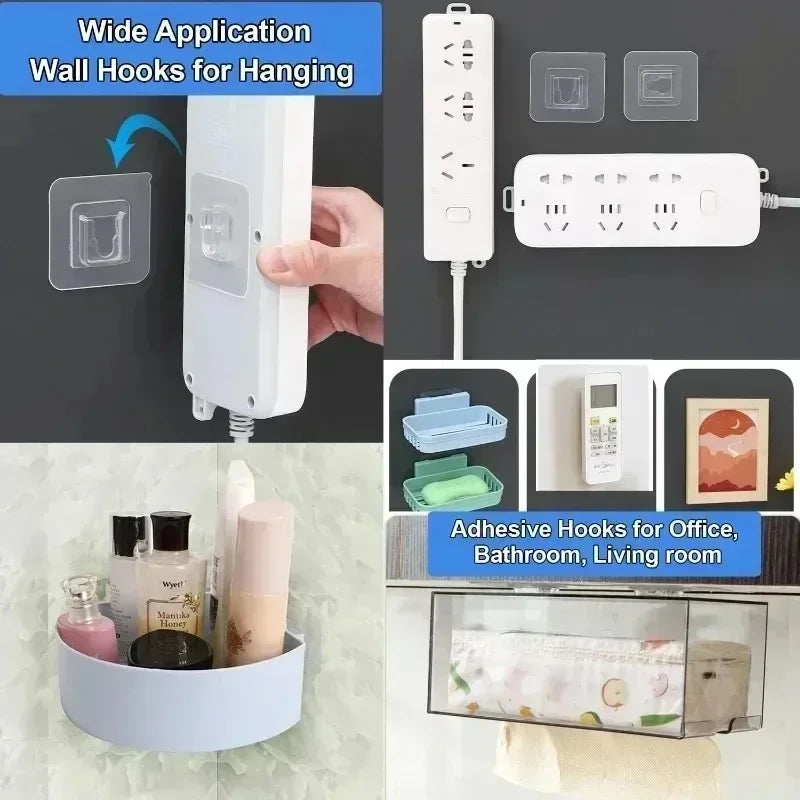 10-60pcs Heavy Duty Adhesive Wall Hooks, Transparent Waterproof No Drill, Strong Hold for Bathroom Kitchen Home Organization