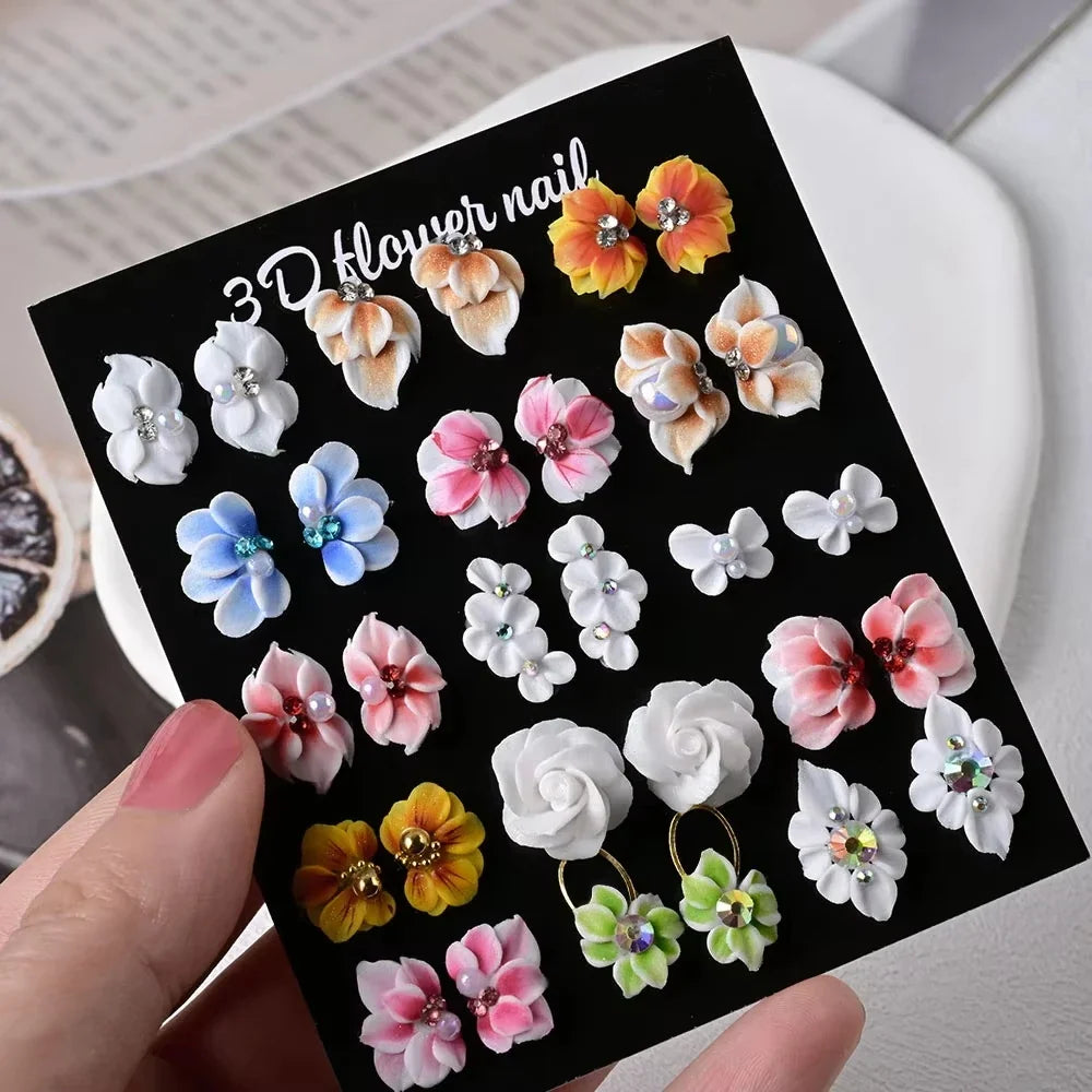 10/30PCS 3D Handmade Acrylic Carved Flower Nail Art Charms Pearl Rhinestone Sculpted Floral Jewelry Cherry Blossom Nail Supplies