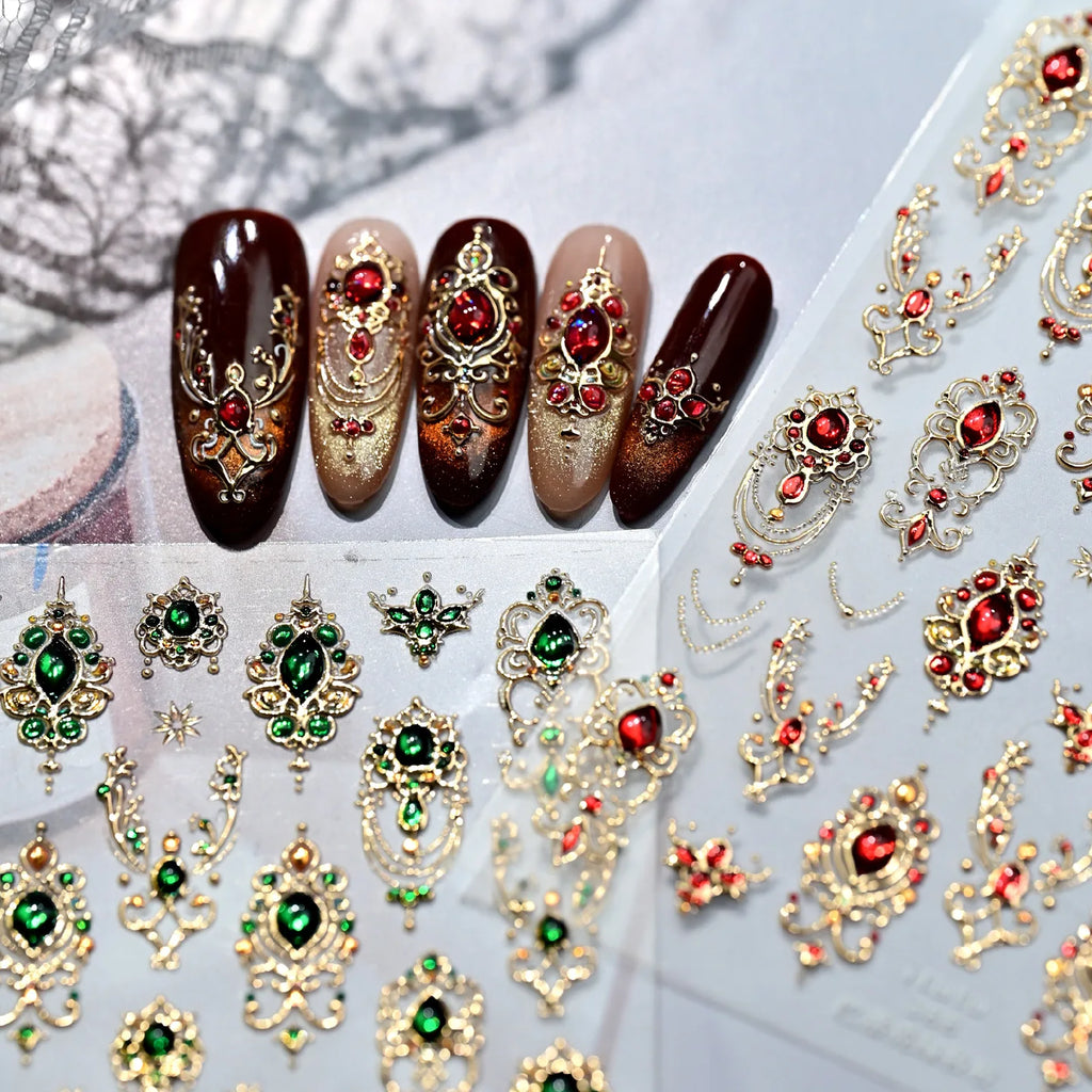 5D Luxurious Emerald Ruby Baroque Scepter Nail Stickers Shiny Palace Imitation Gemstone Jewelry Manicure DIY Decals Accessories