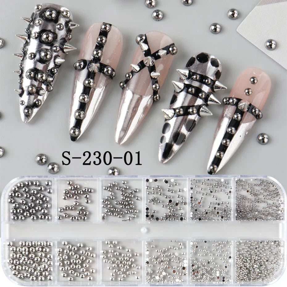 12 Grids Punk Silvery Gothic Punk Nail Charms Studs Metal Rivets Alloy Piercing Grunge DIY Nail Art Decoration Y2K Nail Supplies